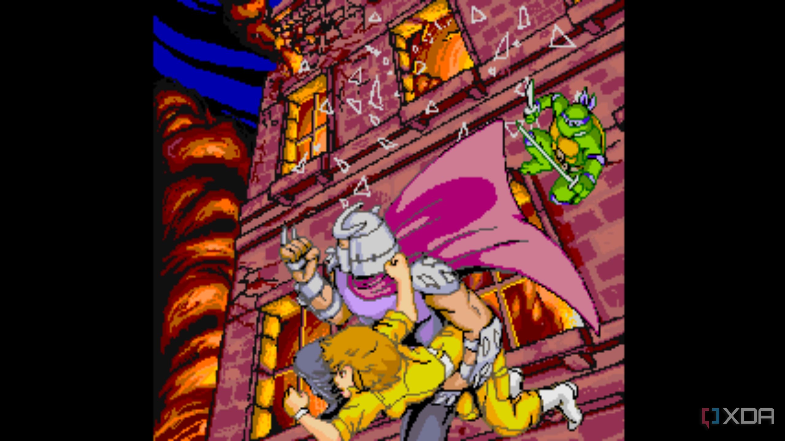 A screenshot from the 1989 arcade game Teenage Mutant Ninja Turtles.