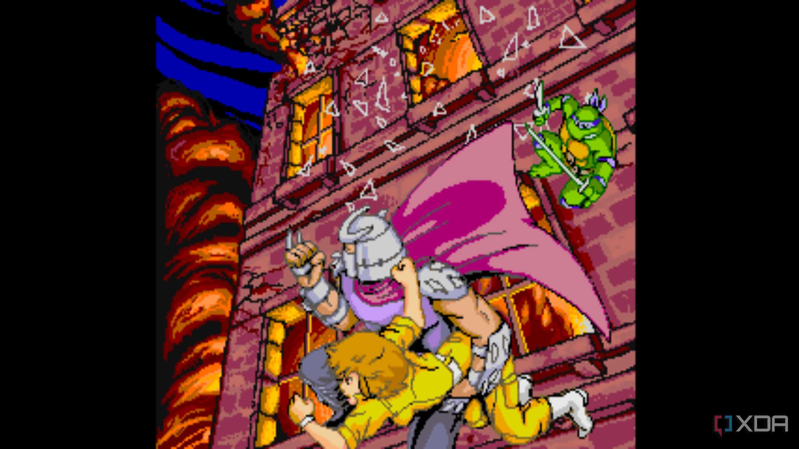 A screenshot from the 1989 arcade game Teenage Mutant Ninja Turtles.