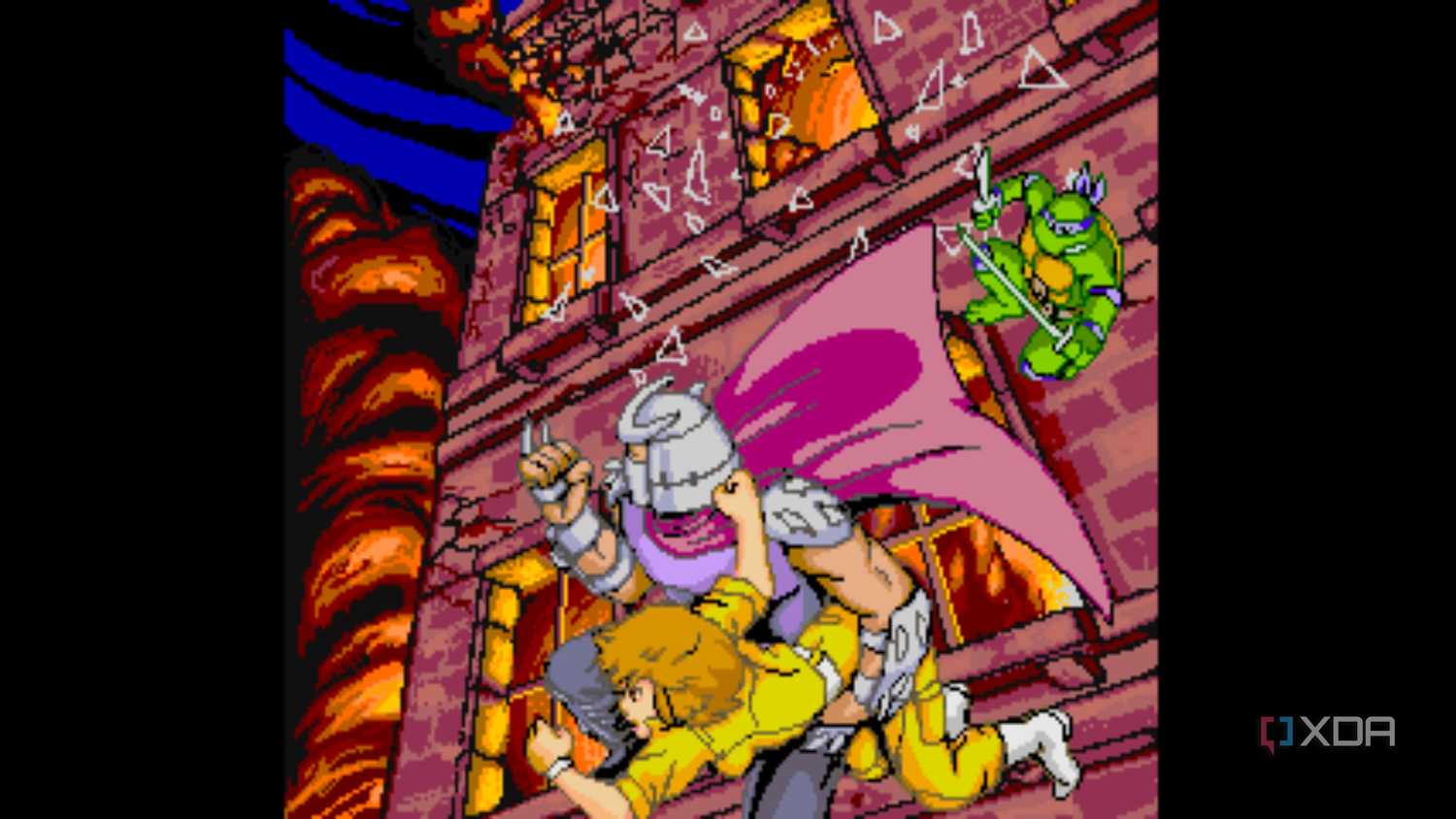 A screenshot from the 1989 arcade game Teenage Mutant Ninja Turtles.