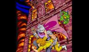 A screenshot from the 1989 arcade game Teenage Mutant Ninja Turtles.