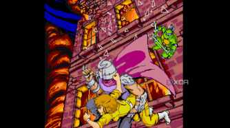 A screenshot from the 1989 arcade game Teenage Mutant Ninja Turtles.