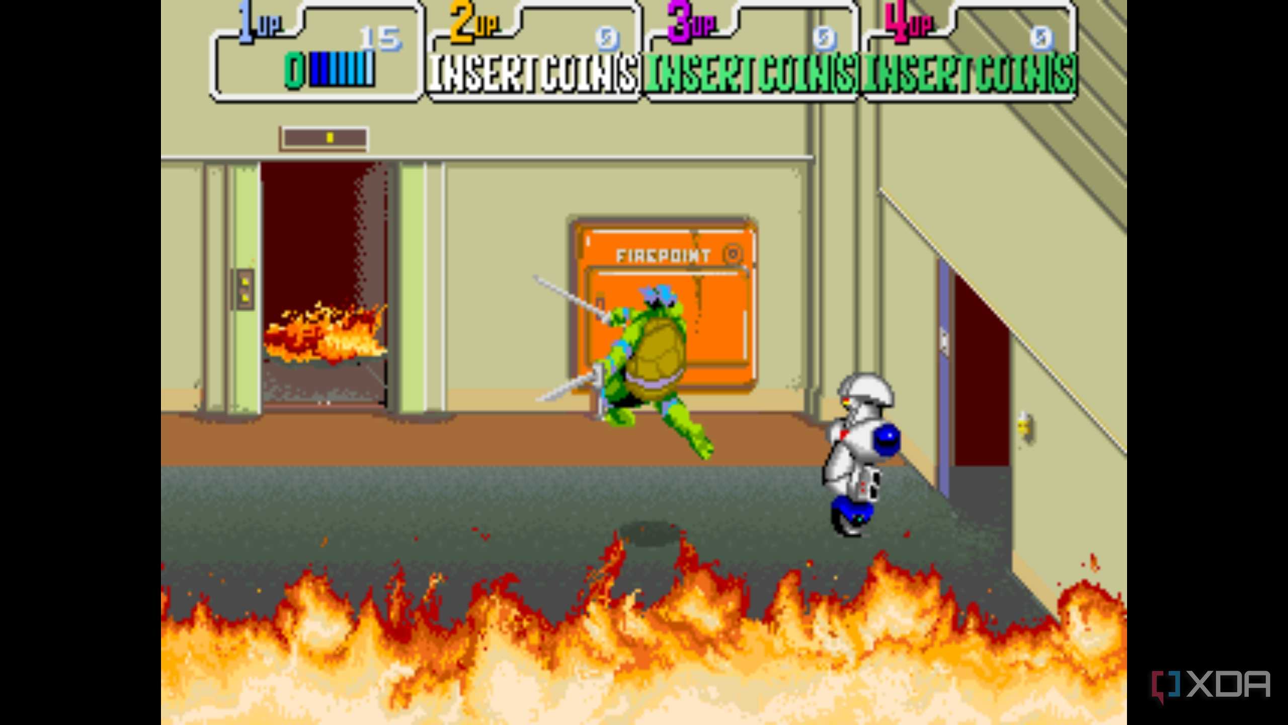 A screenshot from the 1989 arcade game Teenage Mutant Ninja Turtles.
