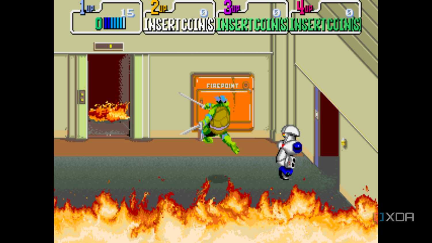 A screenshot from the 1989 arcade game Teenage Mutant Ninja Turtles.