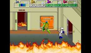 A screenshot from the 1989 arcade game Teenage Mutant Ninja Turtles.