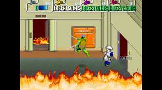 A screenshot from the 1989 arcade game Teenage Mutant Ninja Turtles.