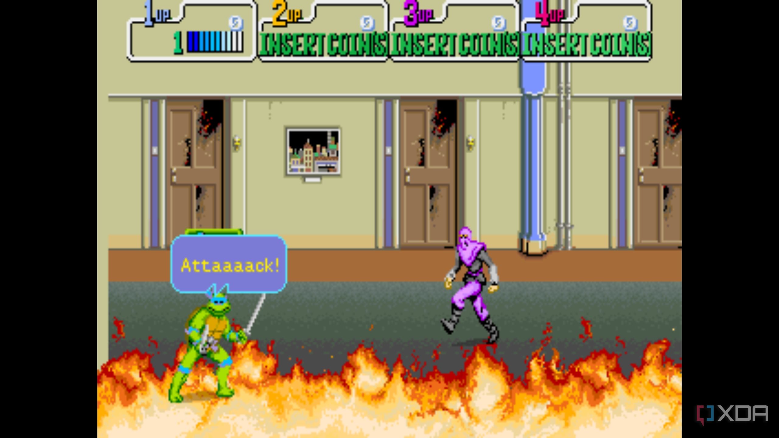 A screenshot from the 1989 arcade game Teenage Mutant Ninja Turtles.