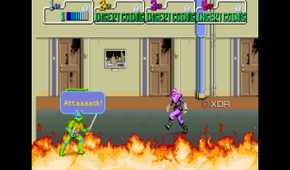 A screenshot from the 1989 arcade game Teenage Mutant Ninja Turtles.
