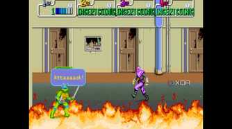 A screenshot from the 1989 arcade game Teenage Mutant Ninja Turtles.