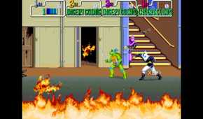 A screenshot from the 1989 arcade game Teenage Mutant Ninja Turtles.