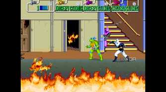 A screenshot from the 1989 arcade game Teenage Mutant Ninja Turtles.