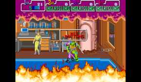 A screenshot from the 1989 arcade game Teenage Mutant Ninja Turtles.