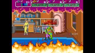 A screenshot from the 1989 arcade game Teenage Mutant Ninja Turtles.