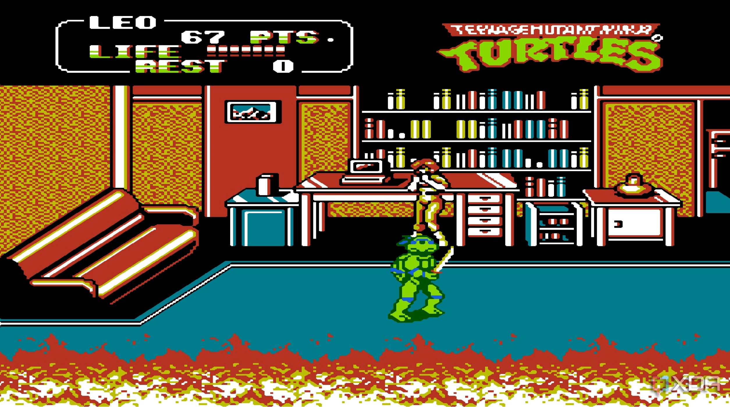 Screenshot from the NES game Teenage Mutant Ninja Turtles II: The Arcade Game.