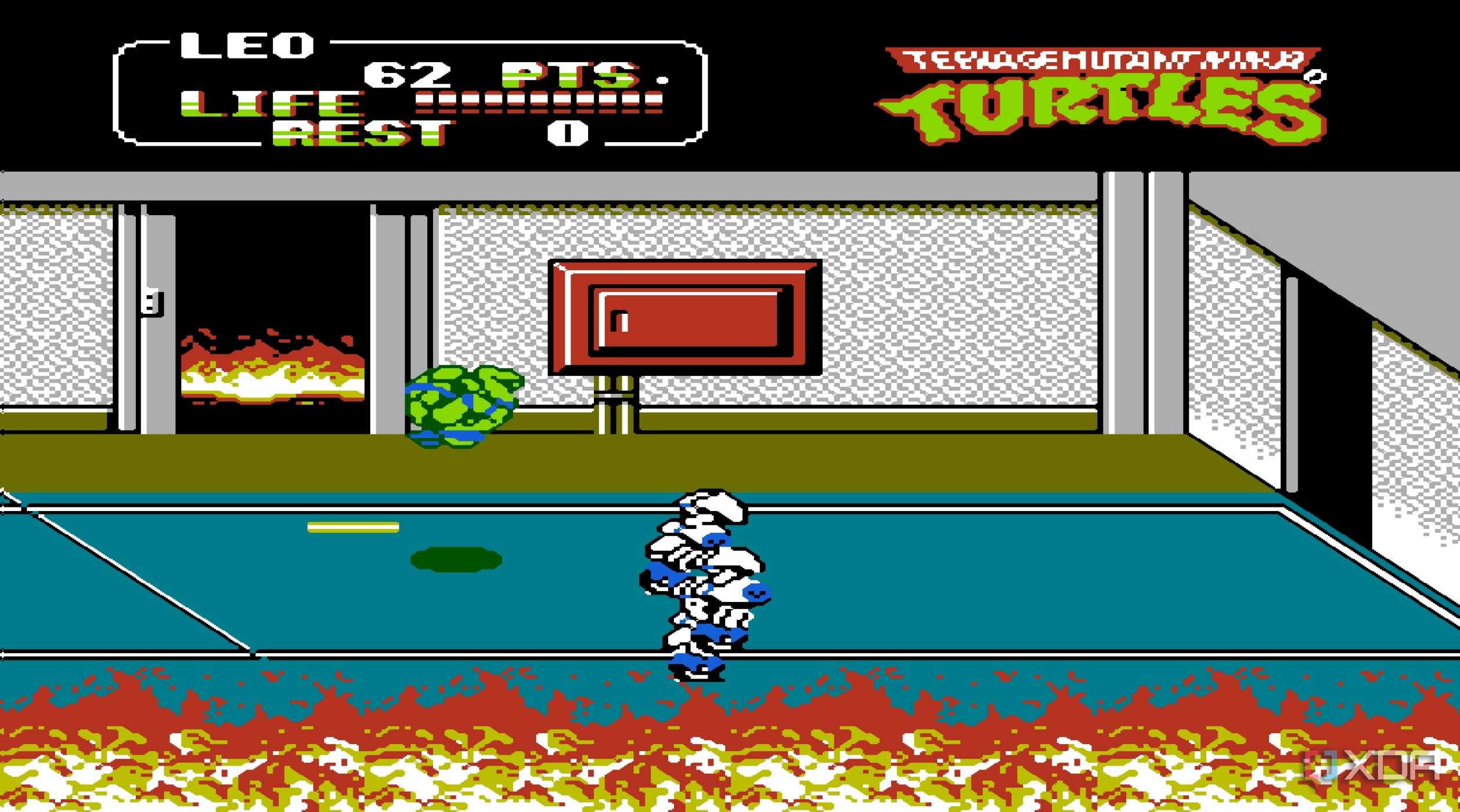 Screenshot from the NES game Teenage Mutant Ninja Turtles II: The Arcade Game.