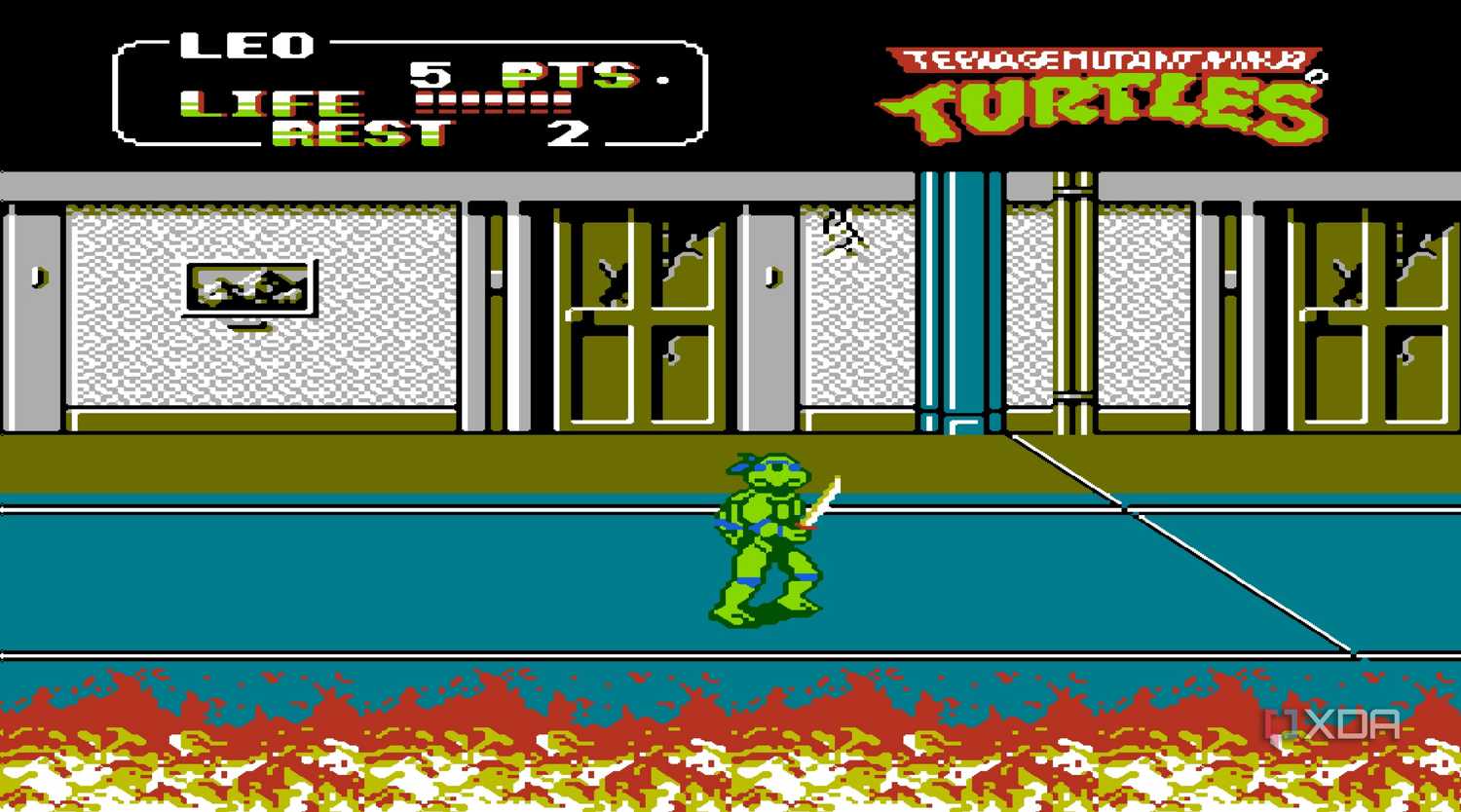 Screenshot from the NES game Teenage Mutant Ninja Turtles II: The Arcade Game.
