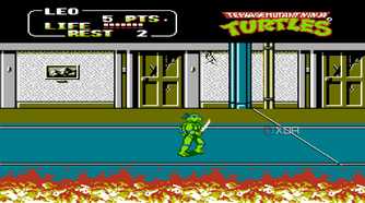 Screenshot from the NES game Teenage Mutant Ninja Turtles II: The Arcade Game.