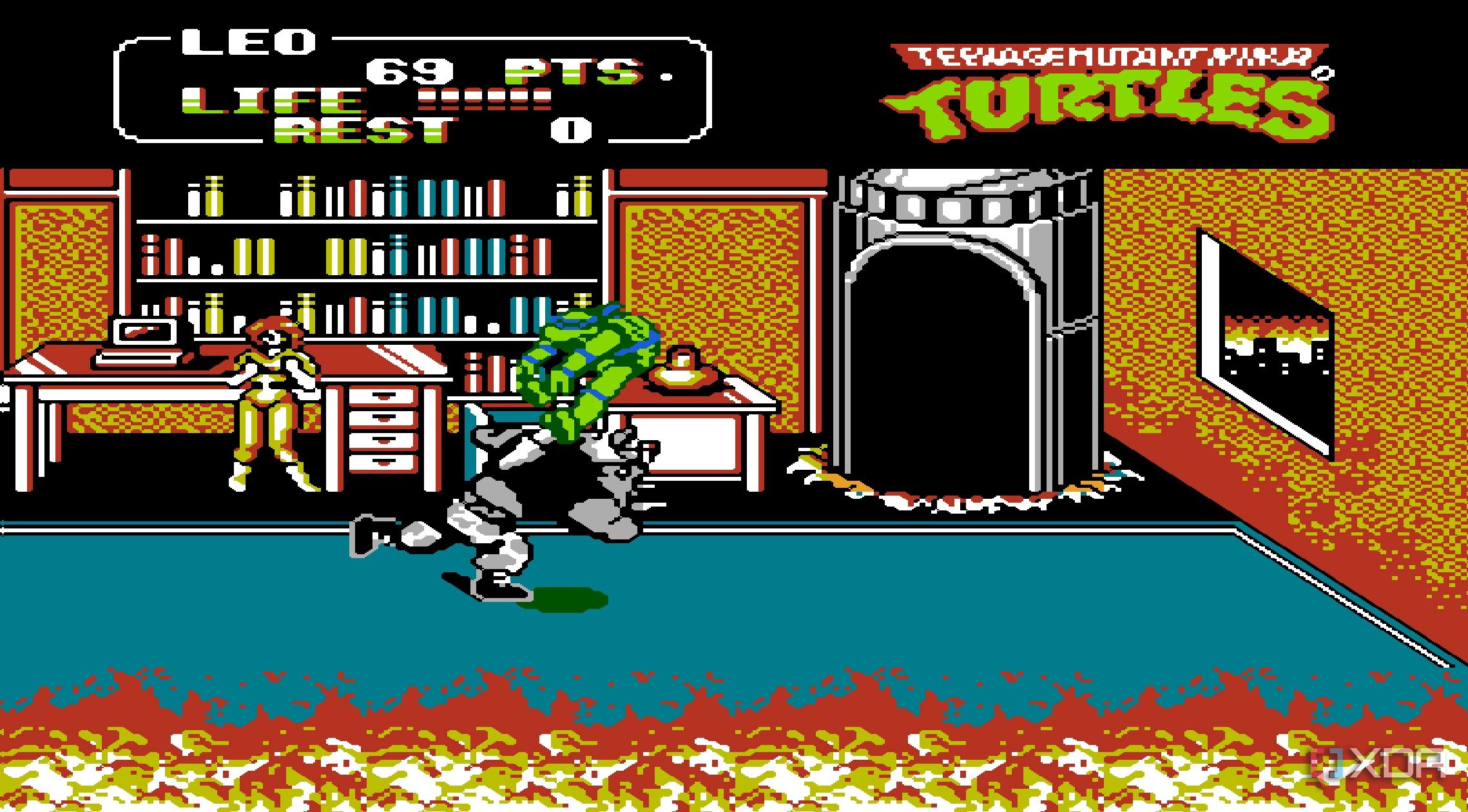 Screenshot from the NES game Teenage Mutant Ninja Turtles II: The Arcade Game.