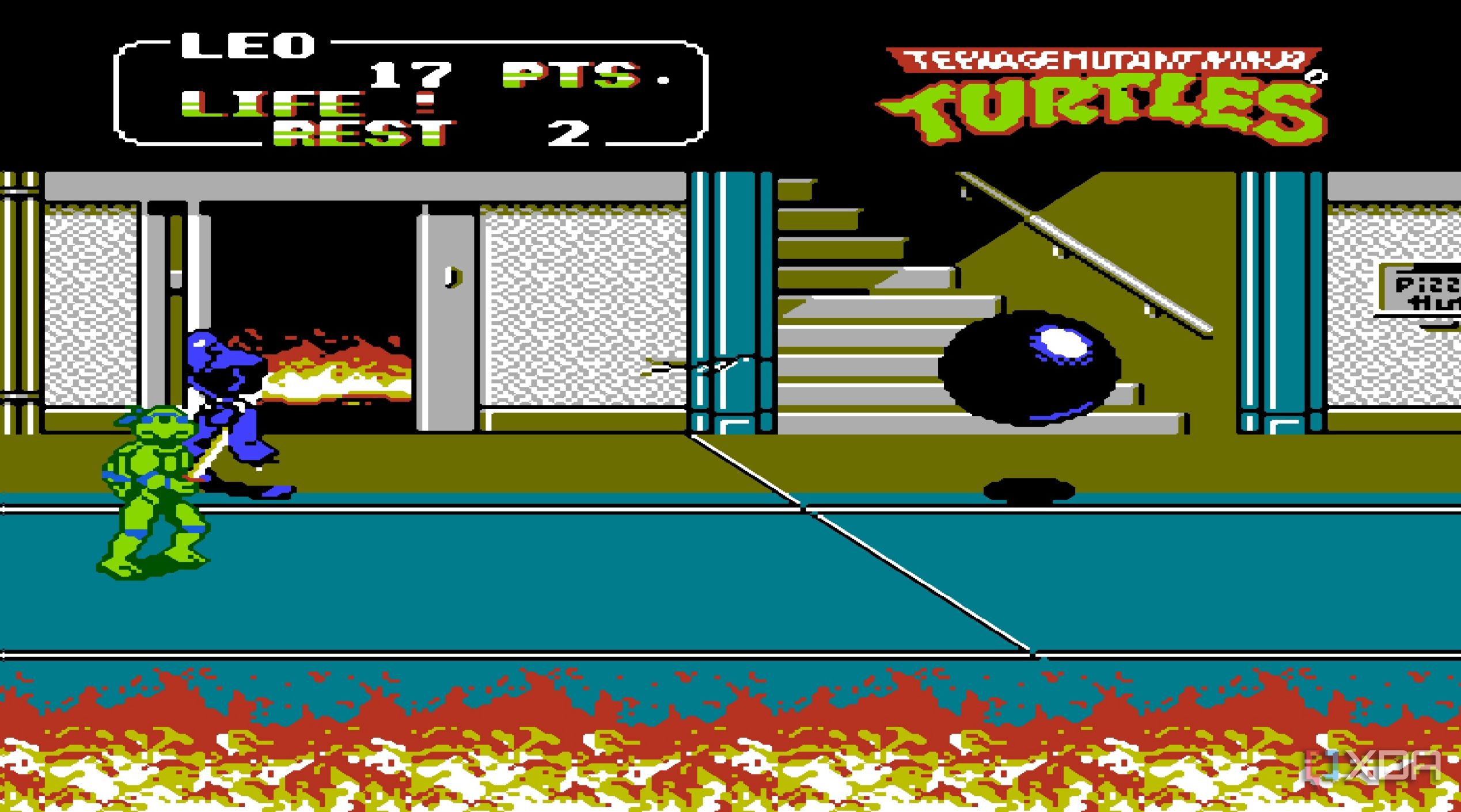 Screenshot from the NES game Teenage Mutant Ninja Turtles II: The Arcade Game.