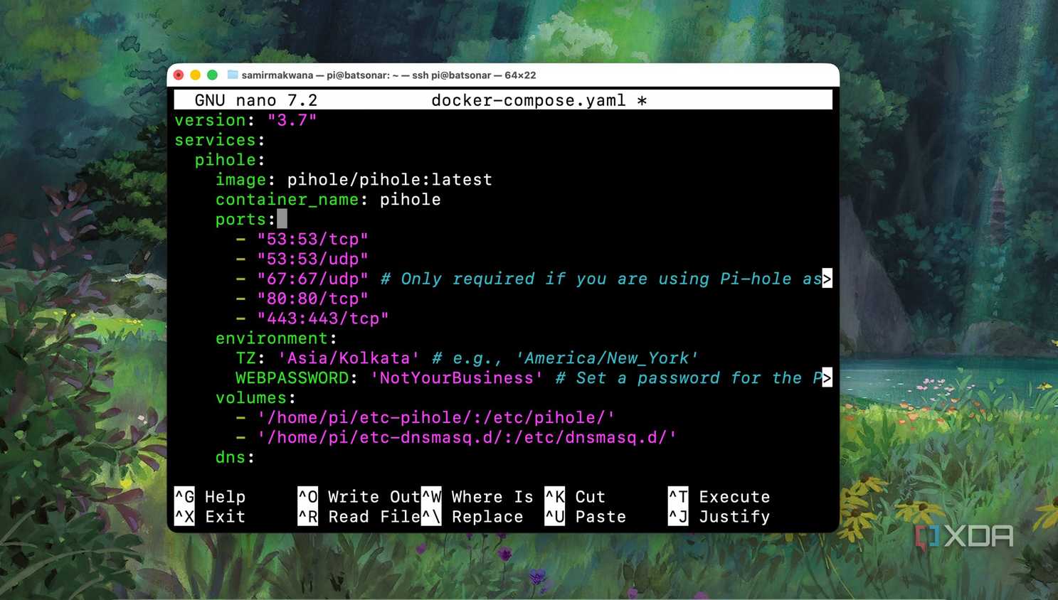 Using nano in Terminal to edit Docker compose YAML file