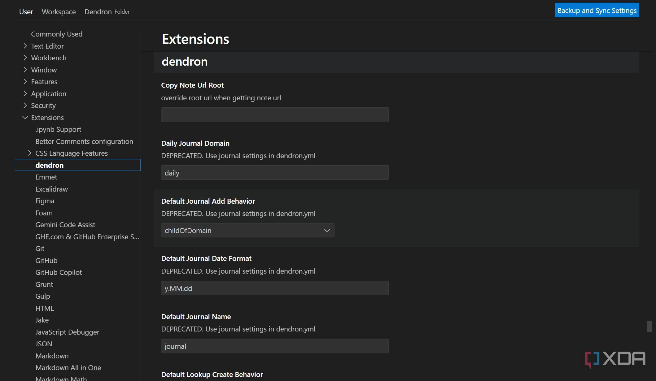 Dendron extension settings