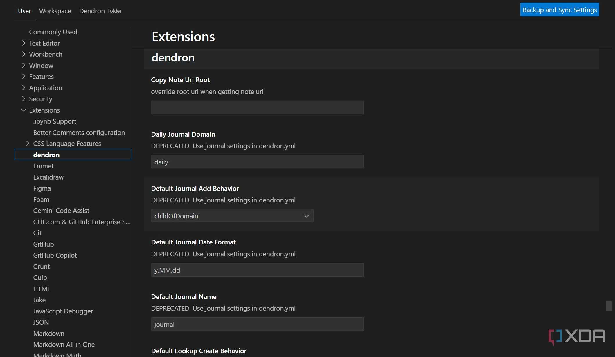 Dendron extension settings