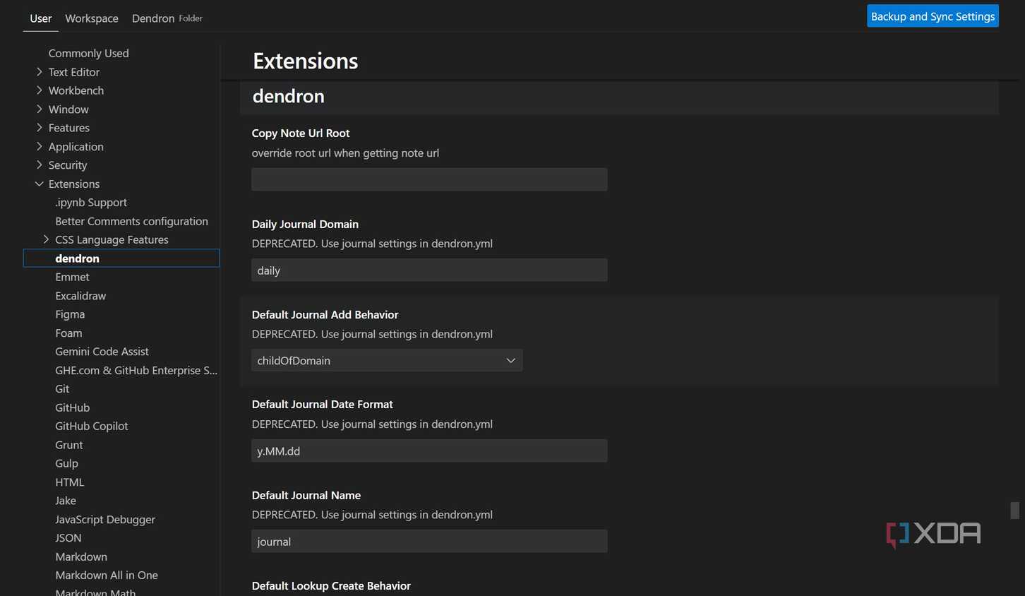 Dendron extension settings