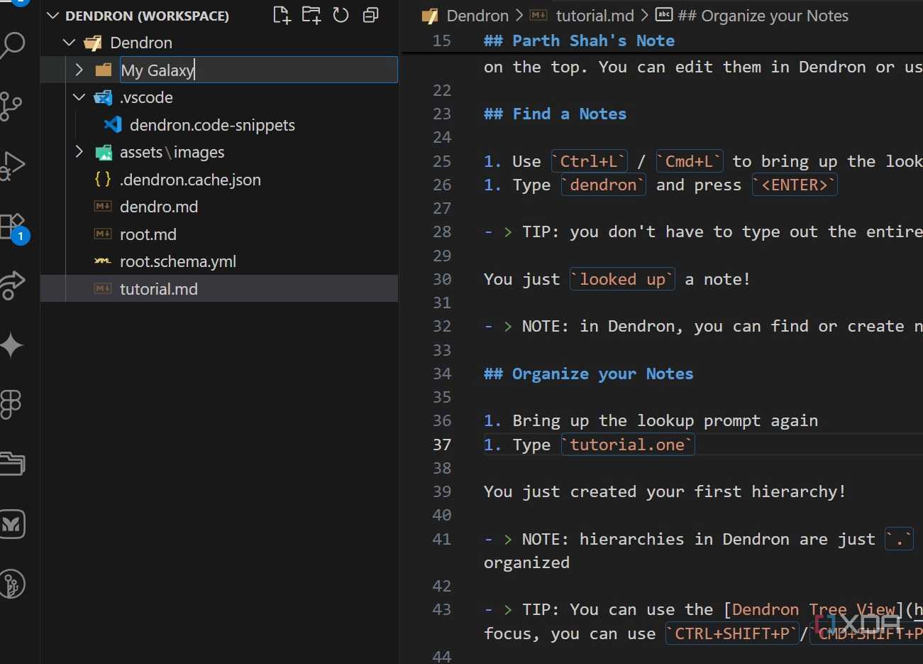 create a new note in Dendron