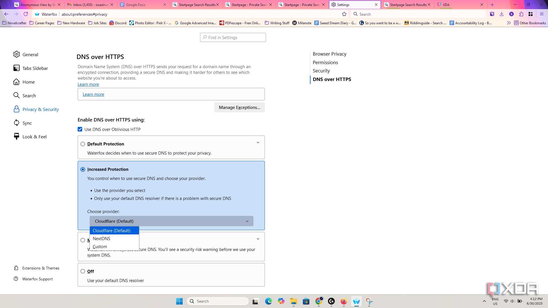 Waterfox DNS over Oblivious HTTP protection options