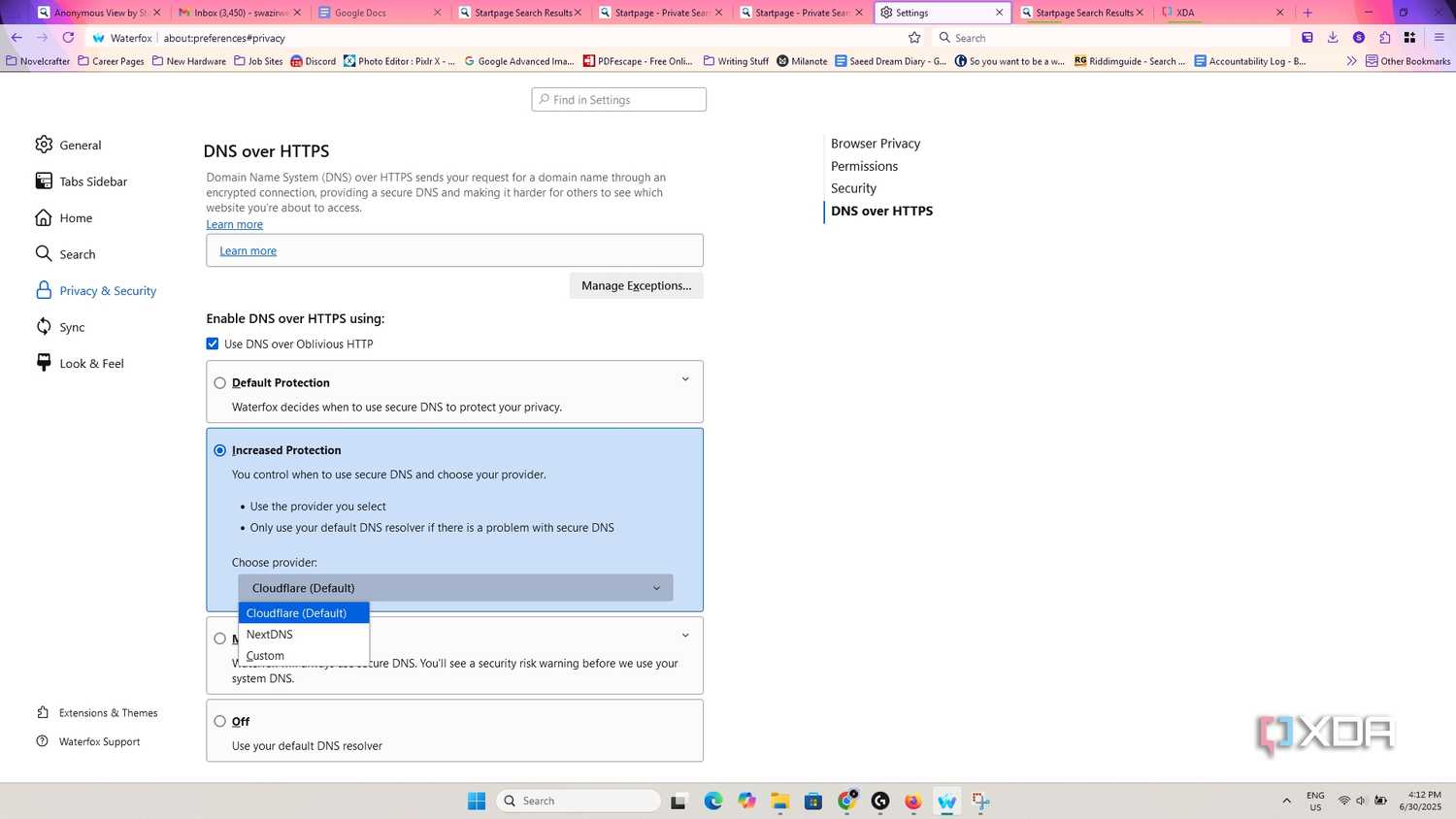 Waterfox DNS over Oblivious HTTP protection options