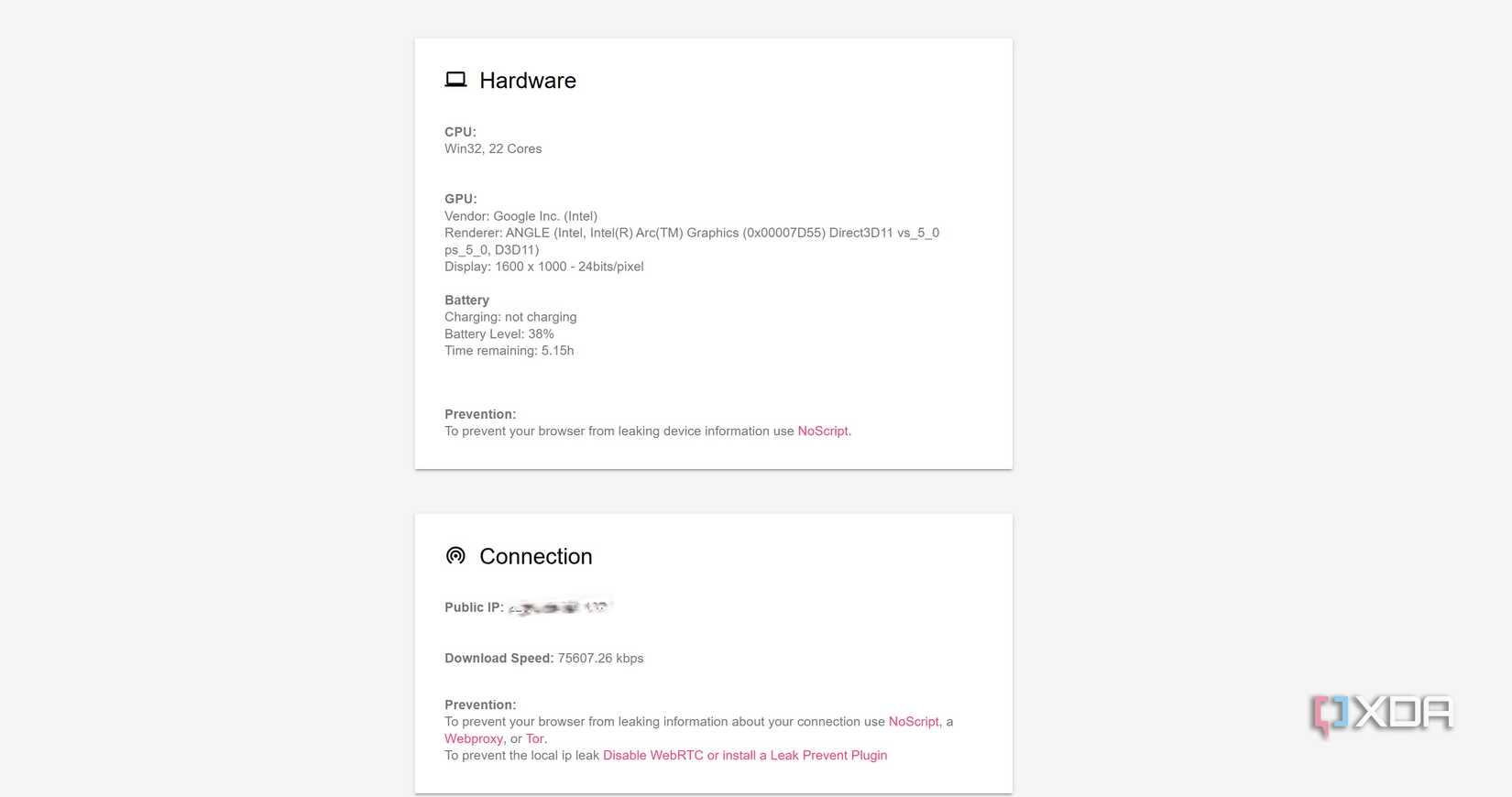 Webkay scanning report showing browser footprint