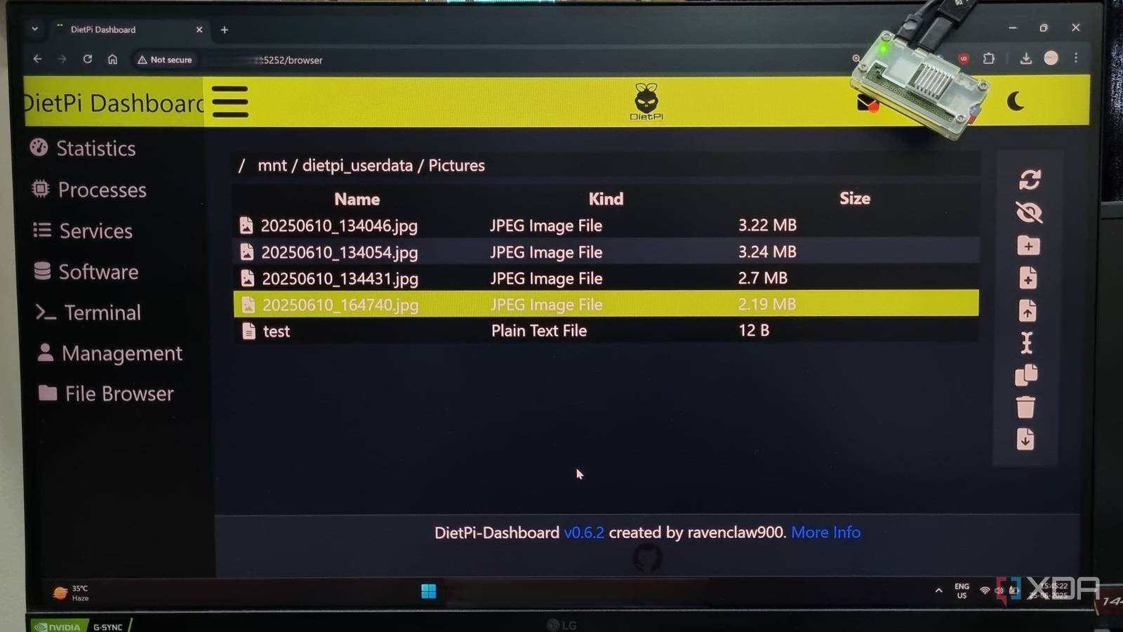photo of a windows pc with dietpi dashboard running in chrome