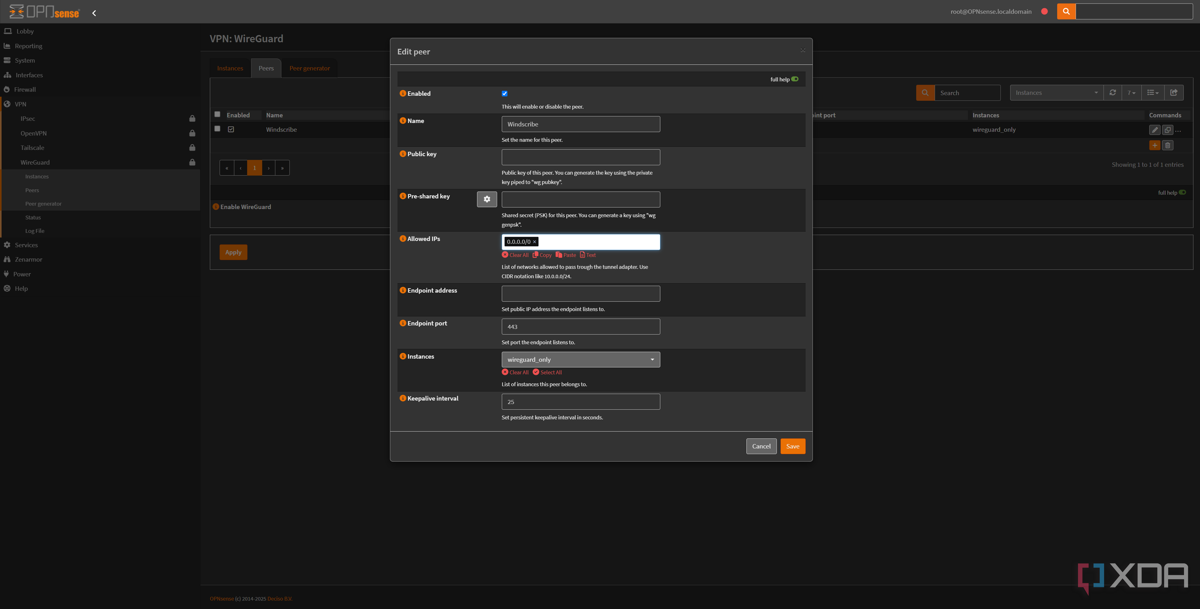 WireGuard OPNsense peer setup for Windscribe