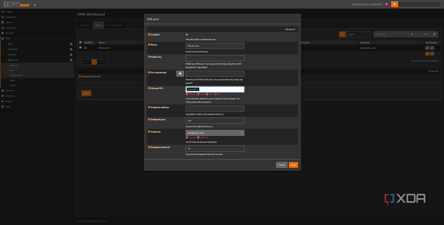 WireGuard OPNsense peer setup for Windscribe