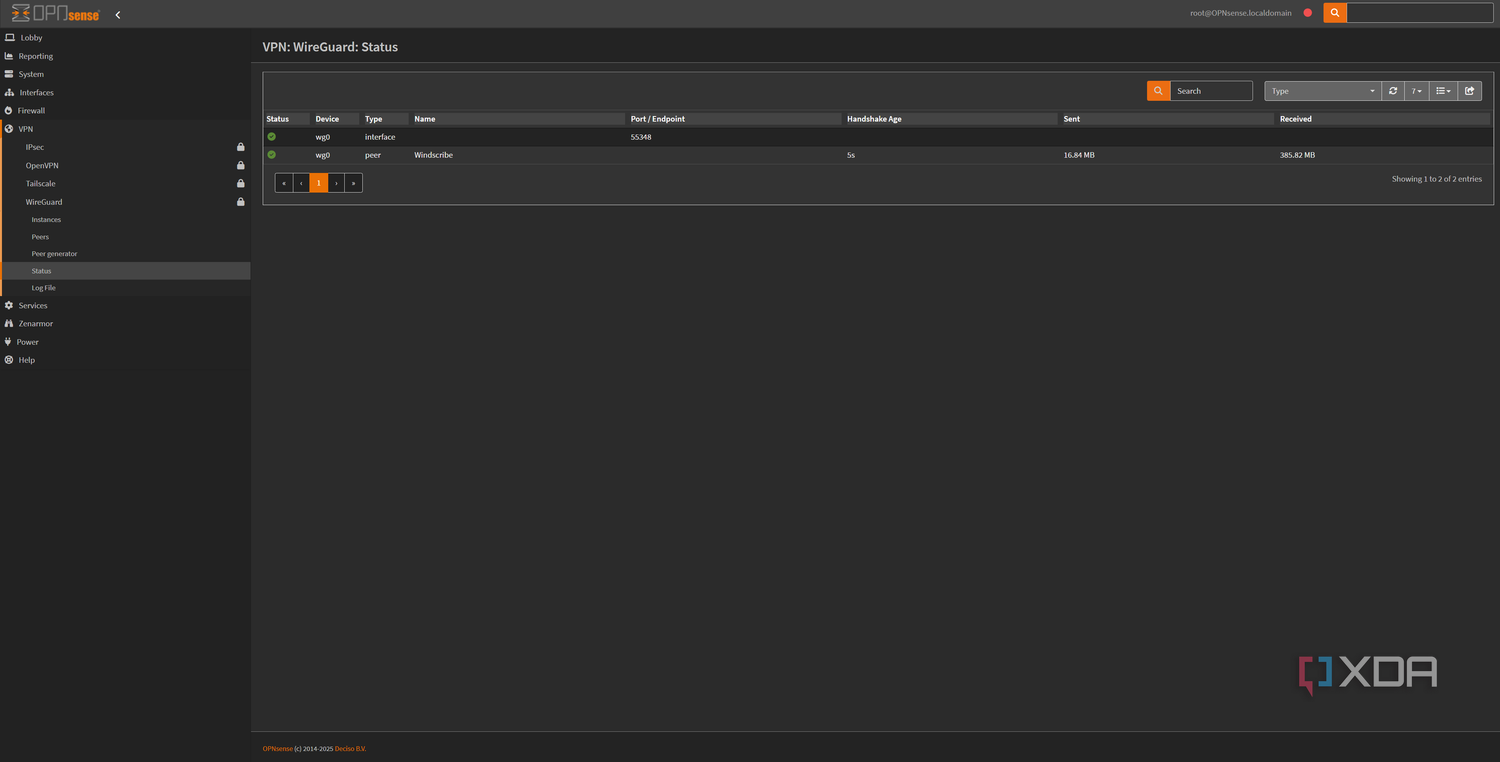 Showing WireGuard status in OPNsense with an open connection