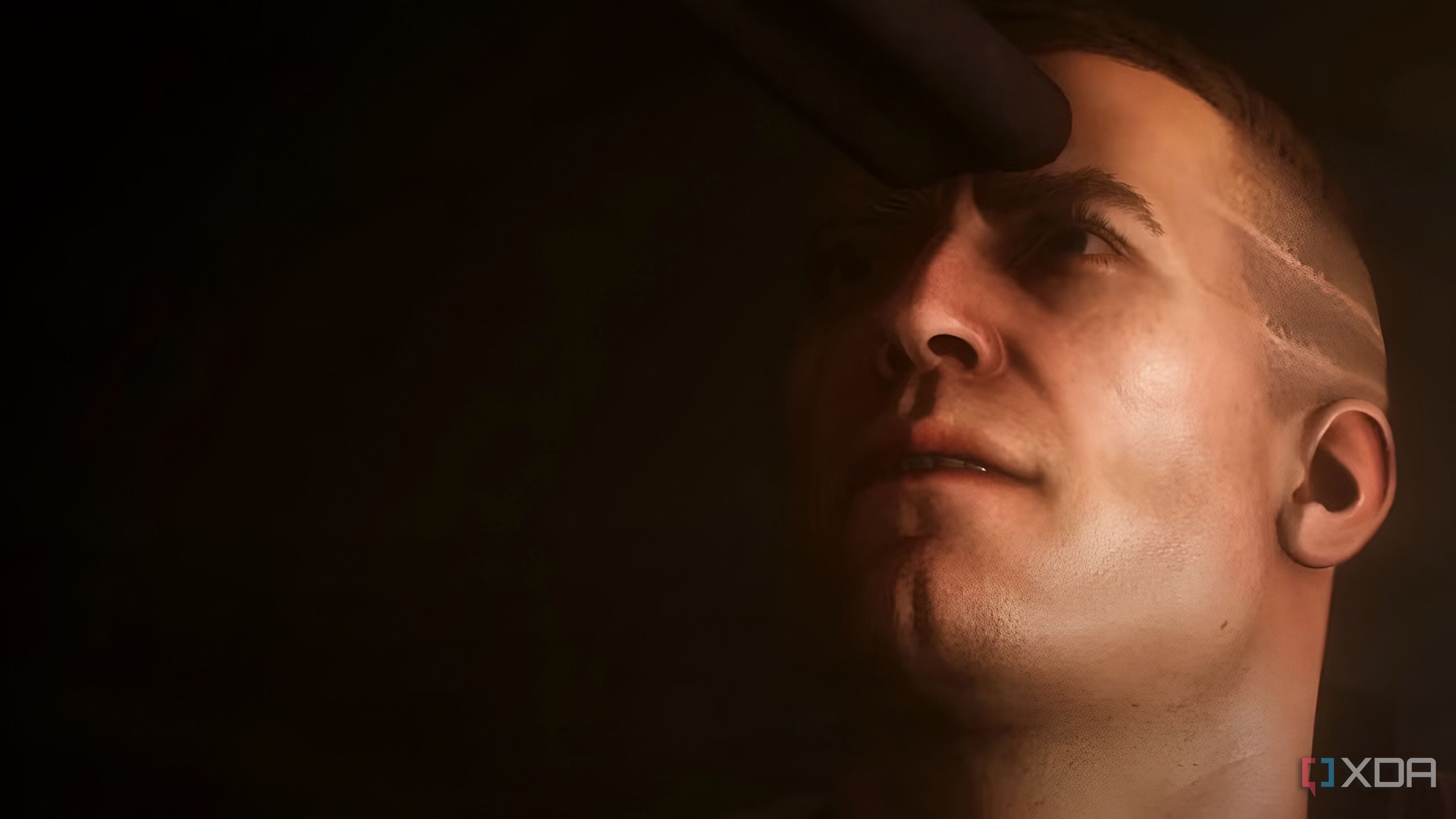 A gun cocked against BJ Blazkowicz' forehead in Wolfenstein 2: The New Colossus