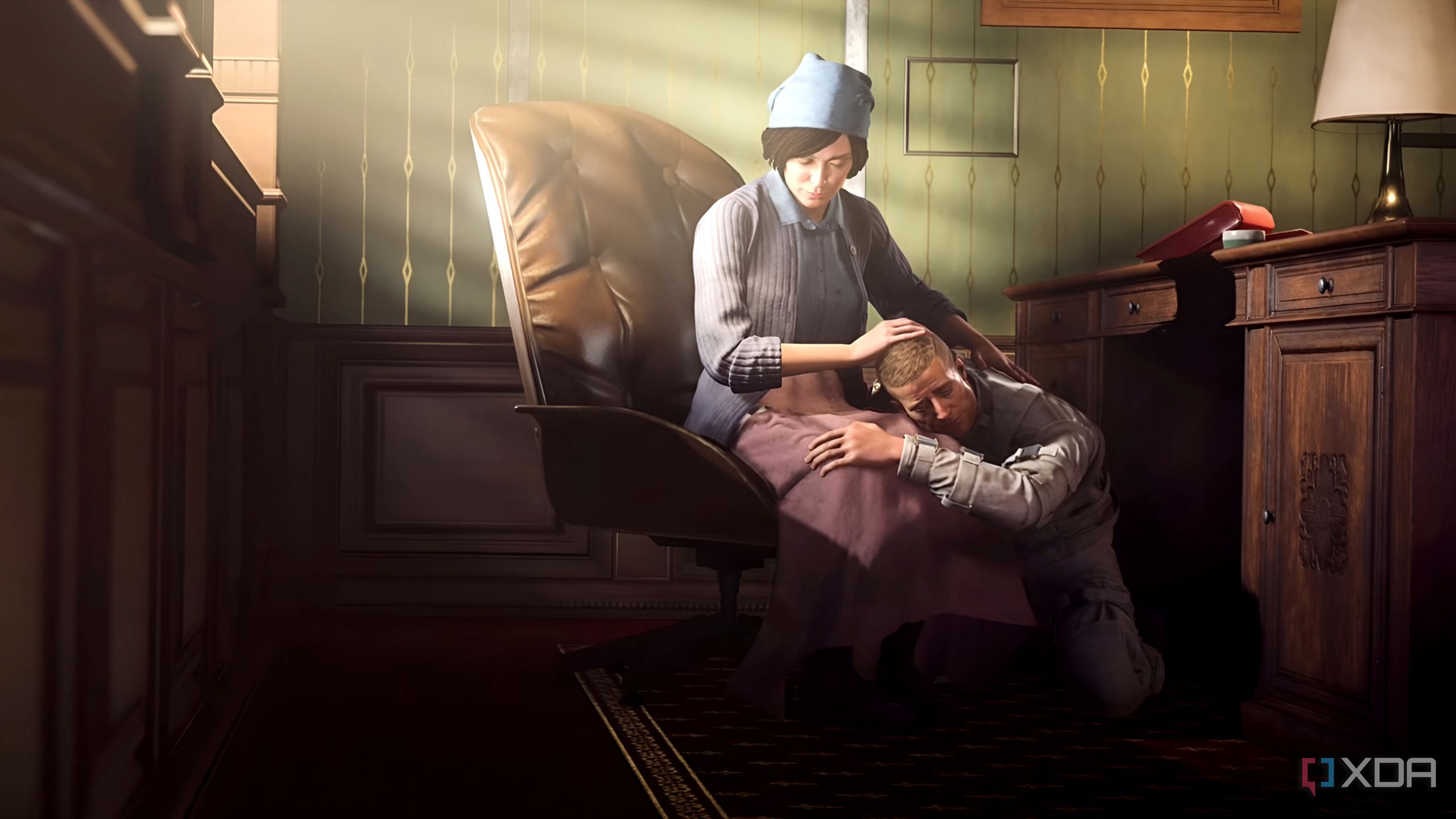 BJ Blazkowics in Wolfenstein 2: The New Colossus resting his head in his mother's lap. 