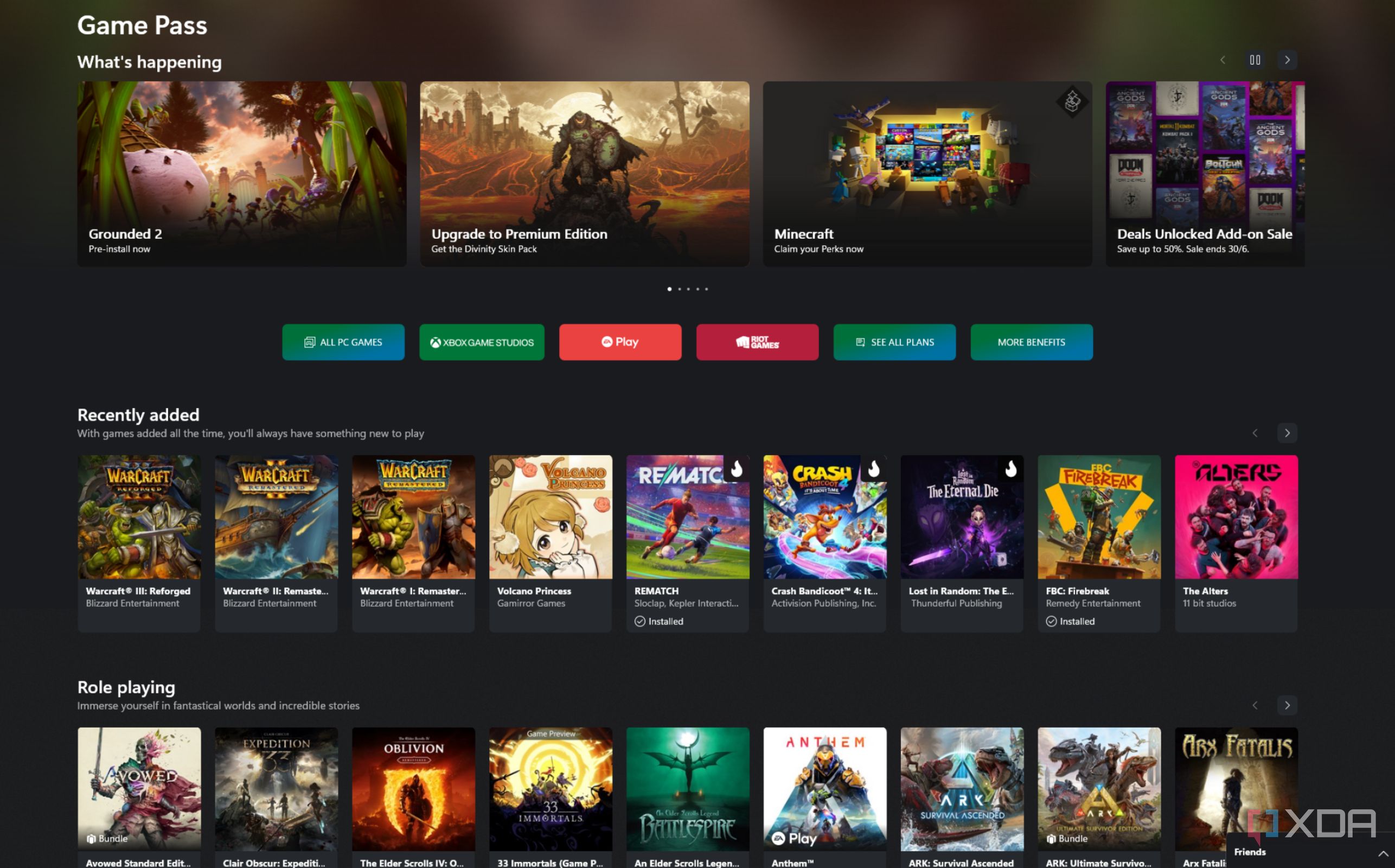The main page of the PC game pass from Xbox.