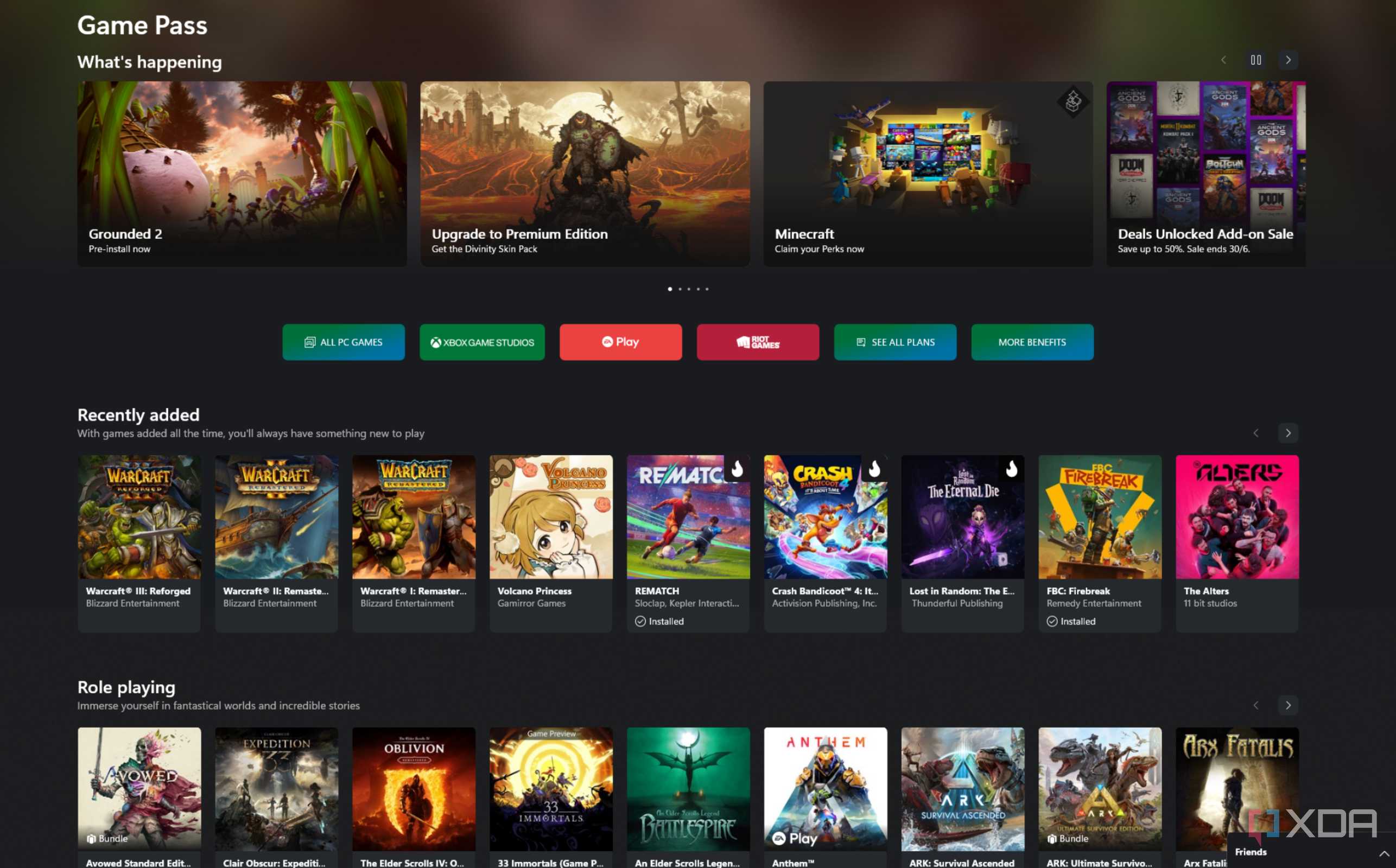 The main page of the PC game pass from Xbox.