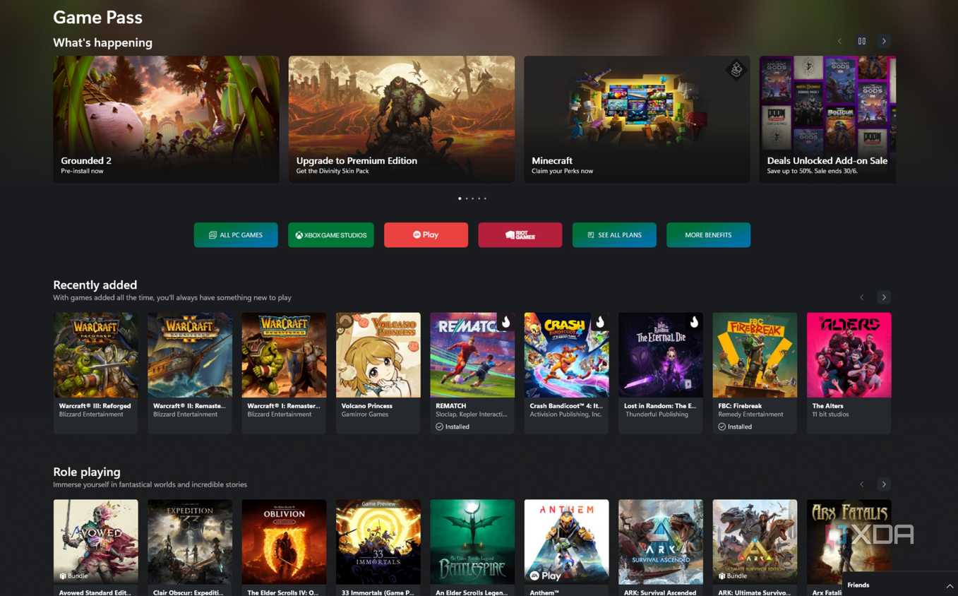 The main page of the PC game pass from Xbox.