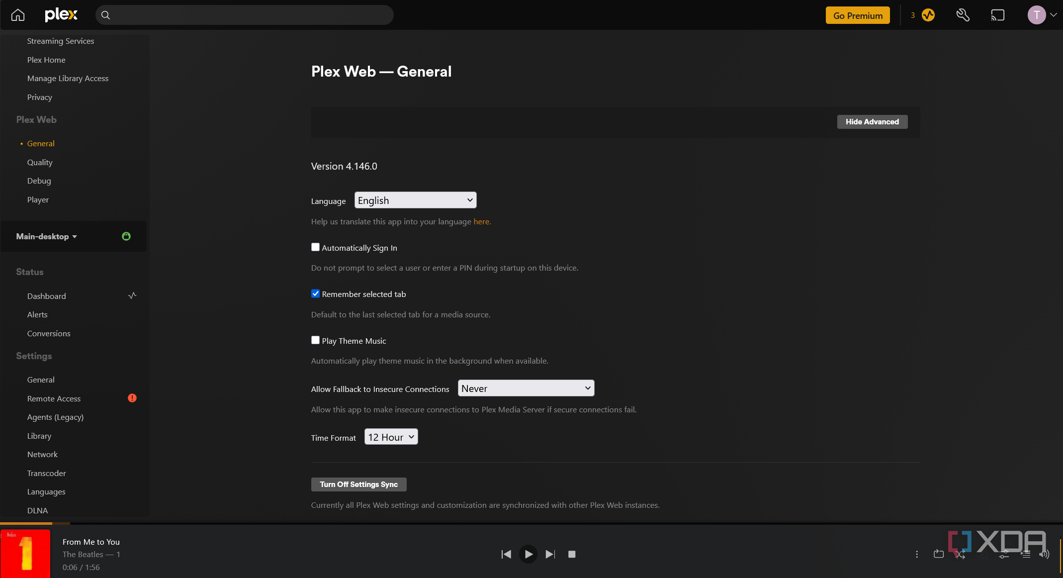 A screenshot of Plex's web setting panel