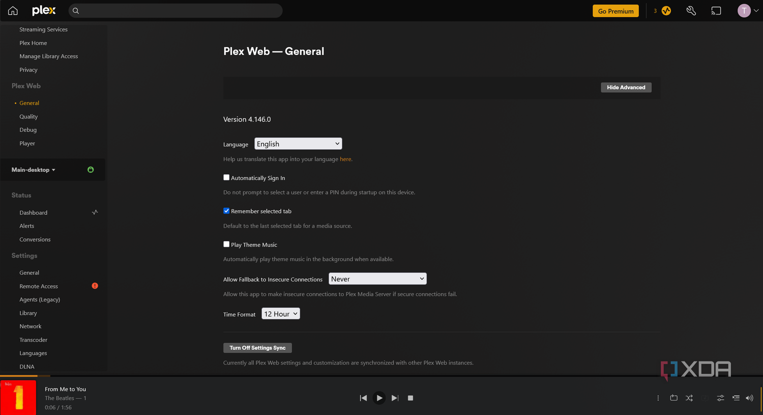 A screenshot of Plex's web setting panel
