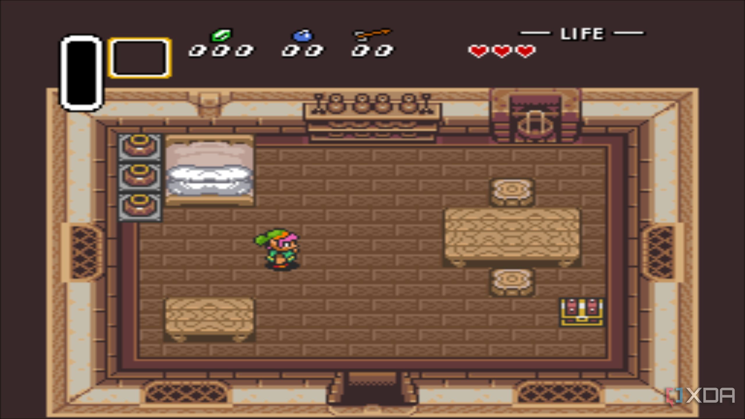 A screenshot from the 1991 SNES game The Legend of Zelda: A Link to the Past. 