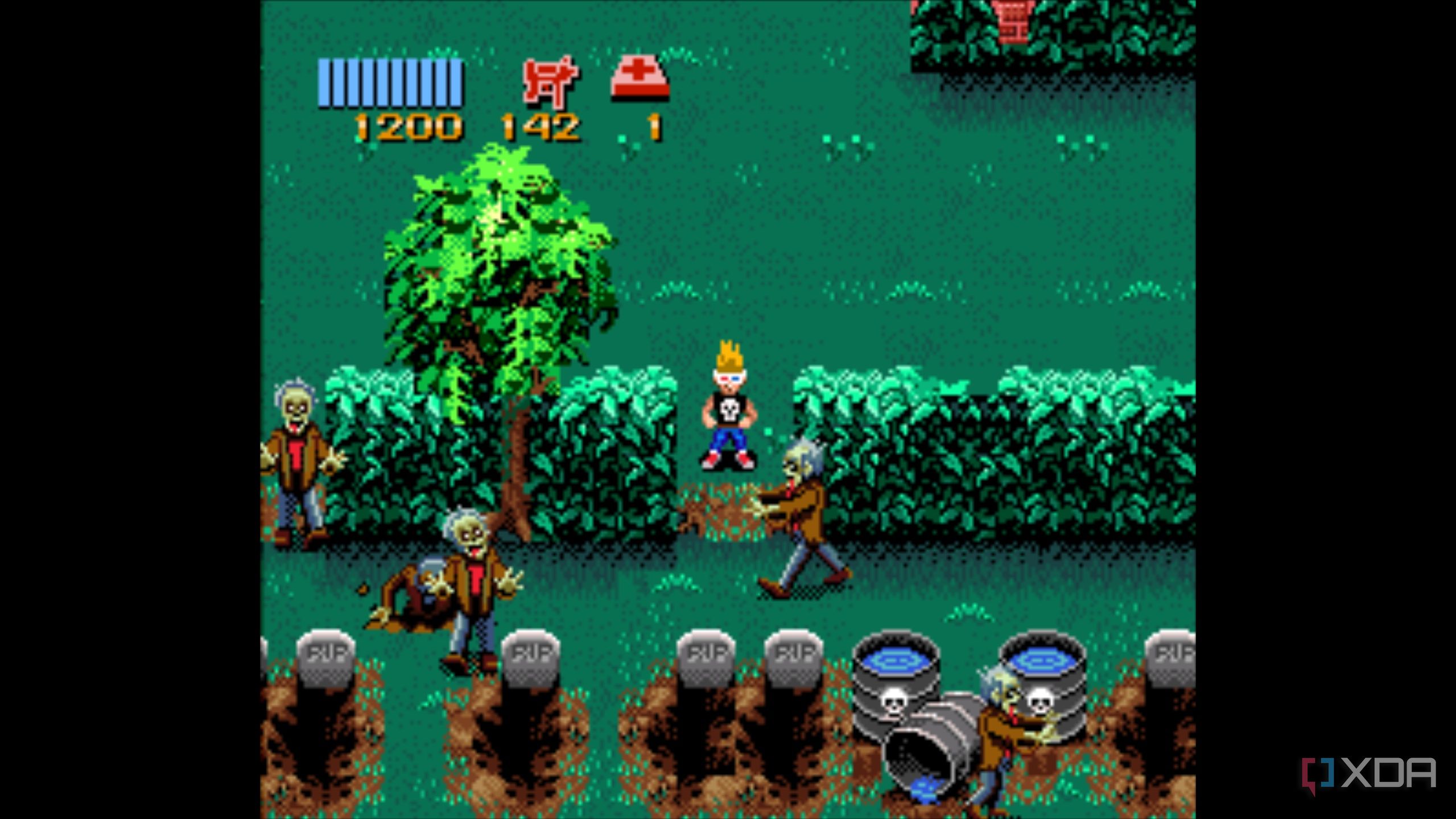 A screenshot from Zombies Ate My Neighbors, running on SNES9x.