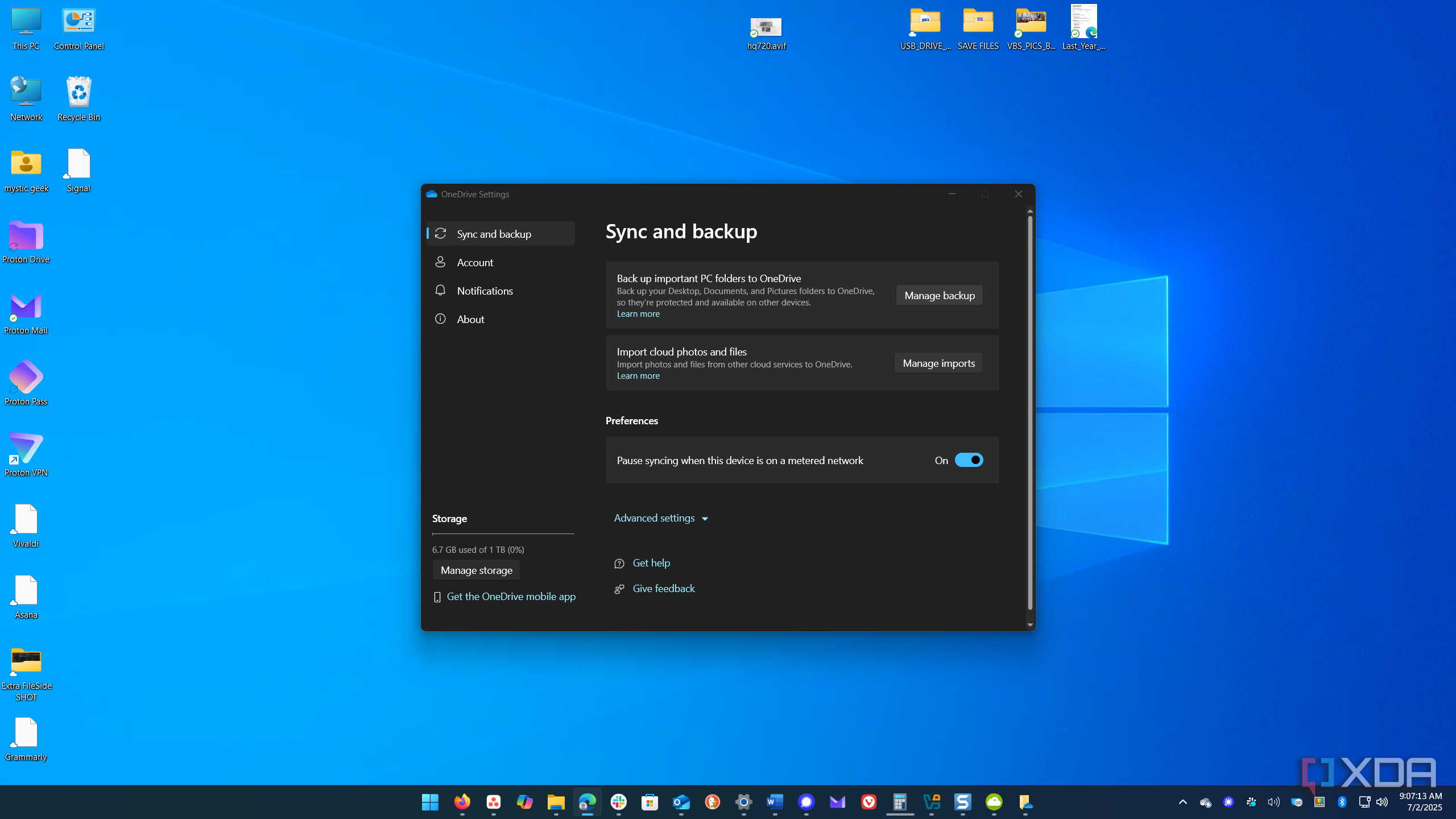 shows manage backup in OneDrive Settings