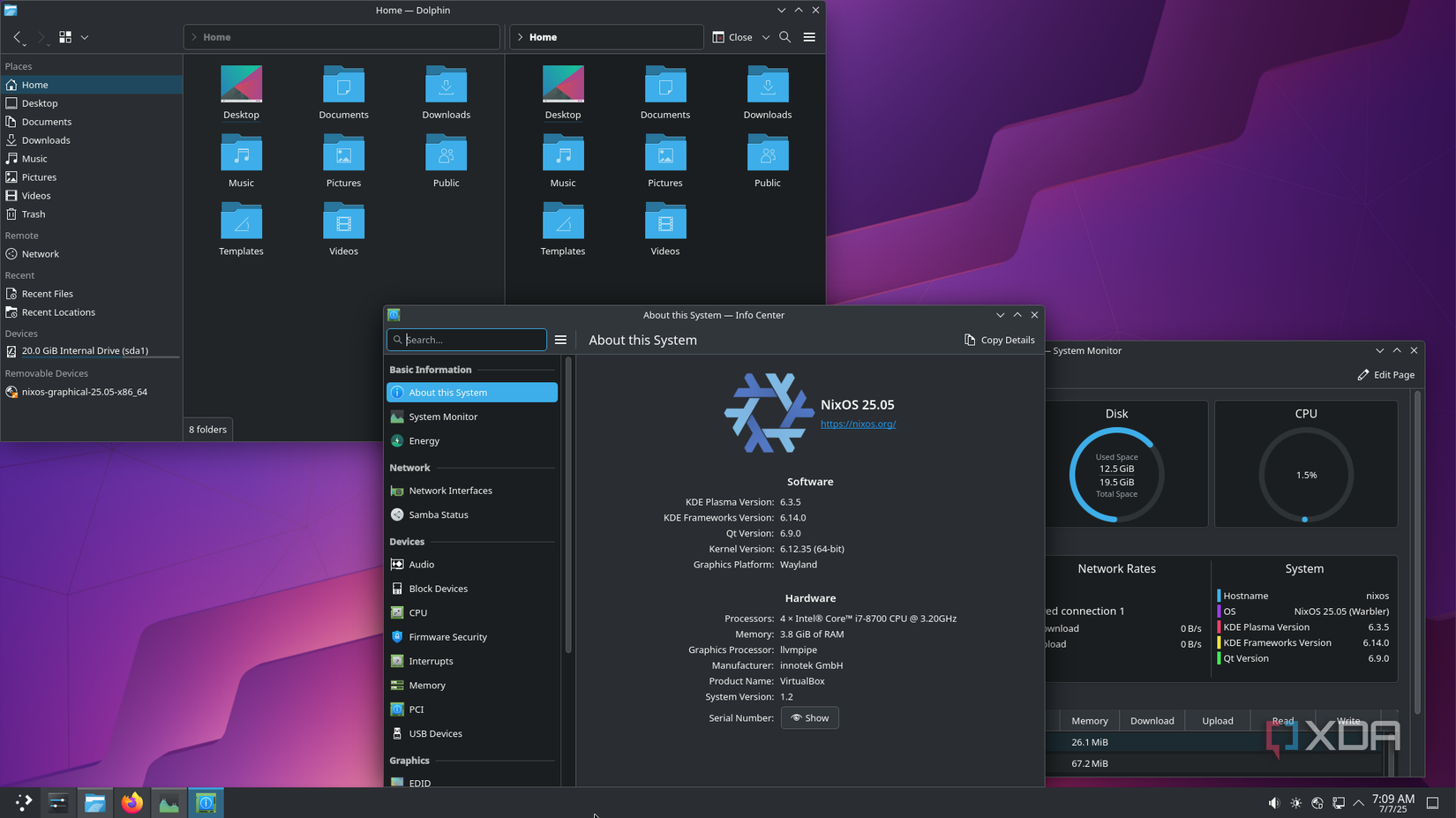 shows NixOS About this system and Dolphin explorer