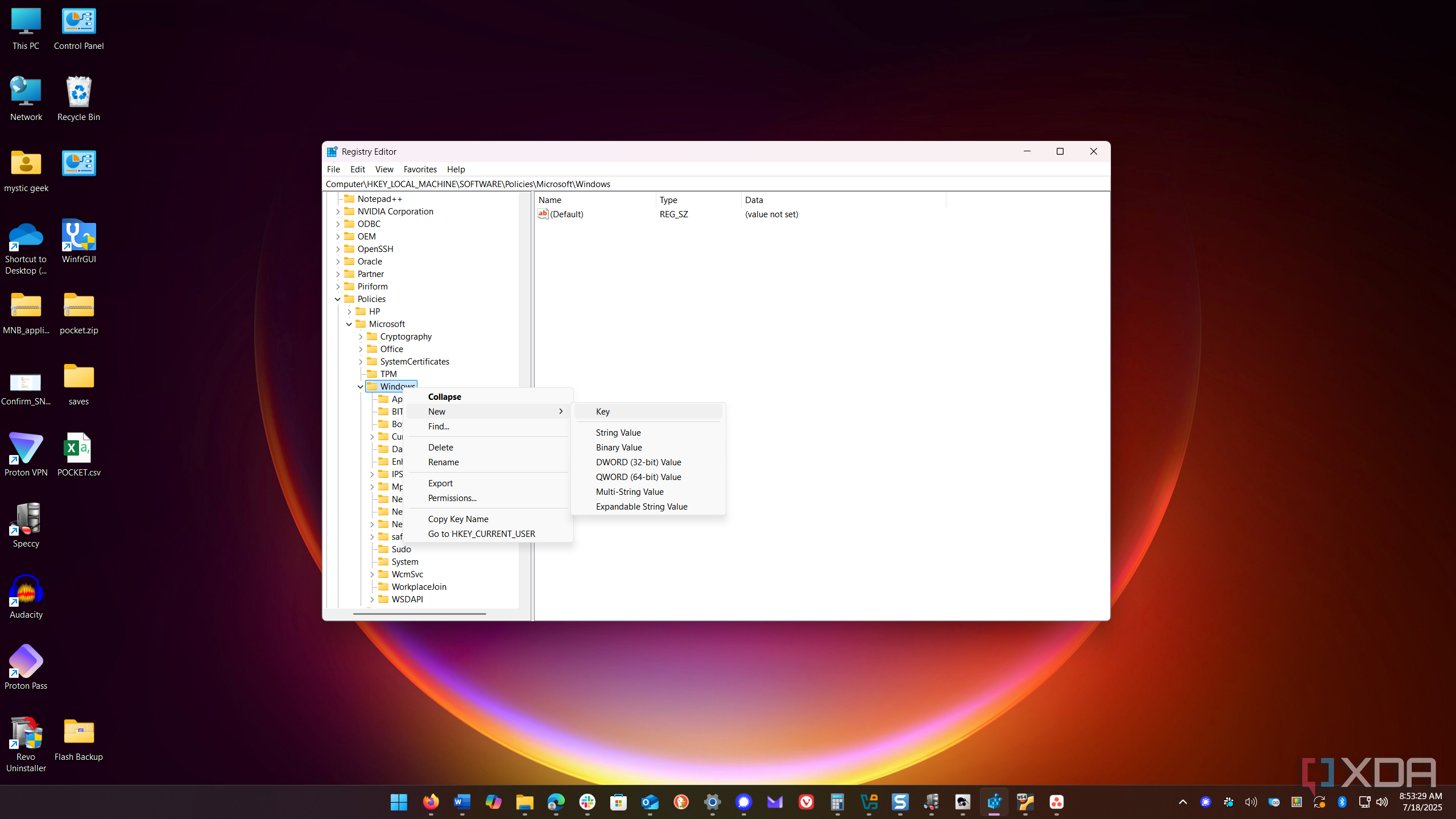 11 shows create new key in Registry