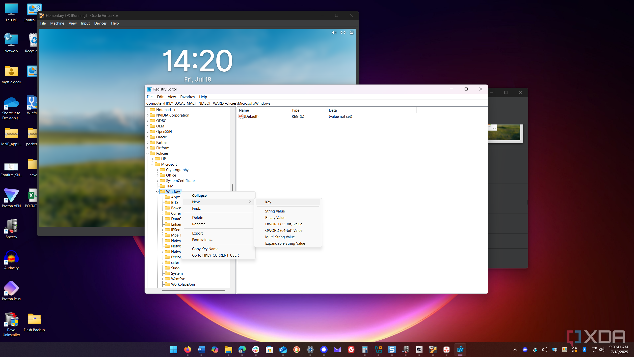 shows creating new key in windows registry