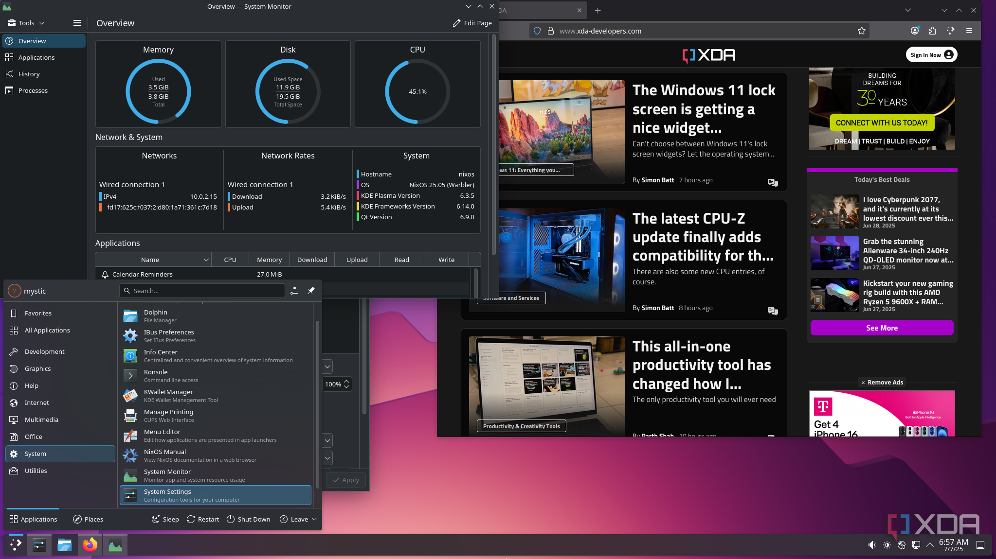shows nixos running firefox and system monitor with start menu open