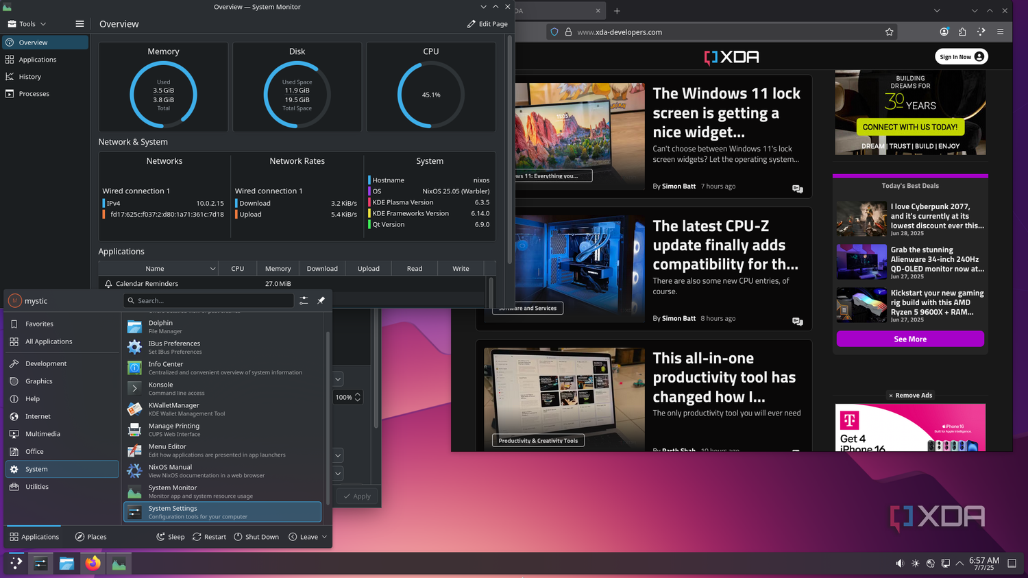 shows nixos running firefox and system monitor with start menu open