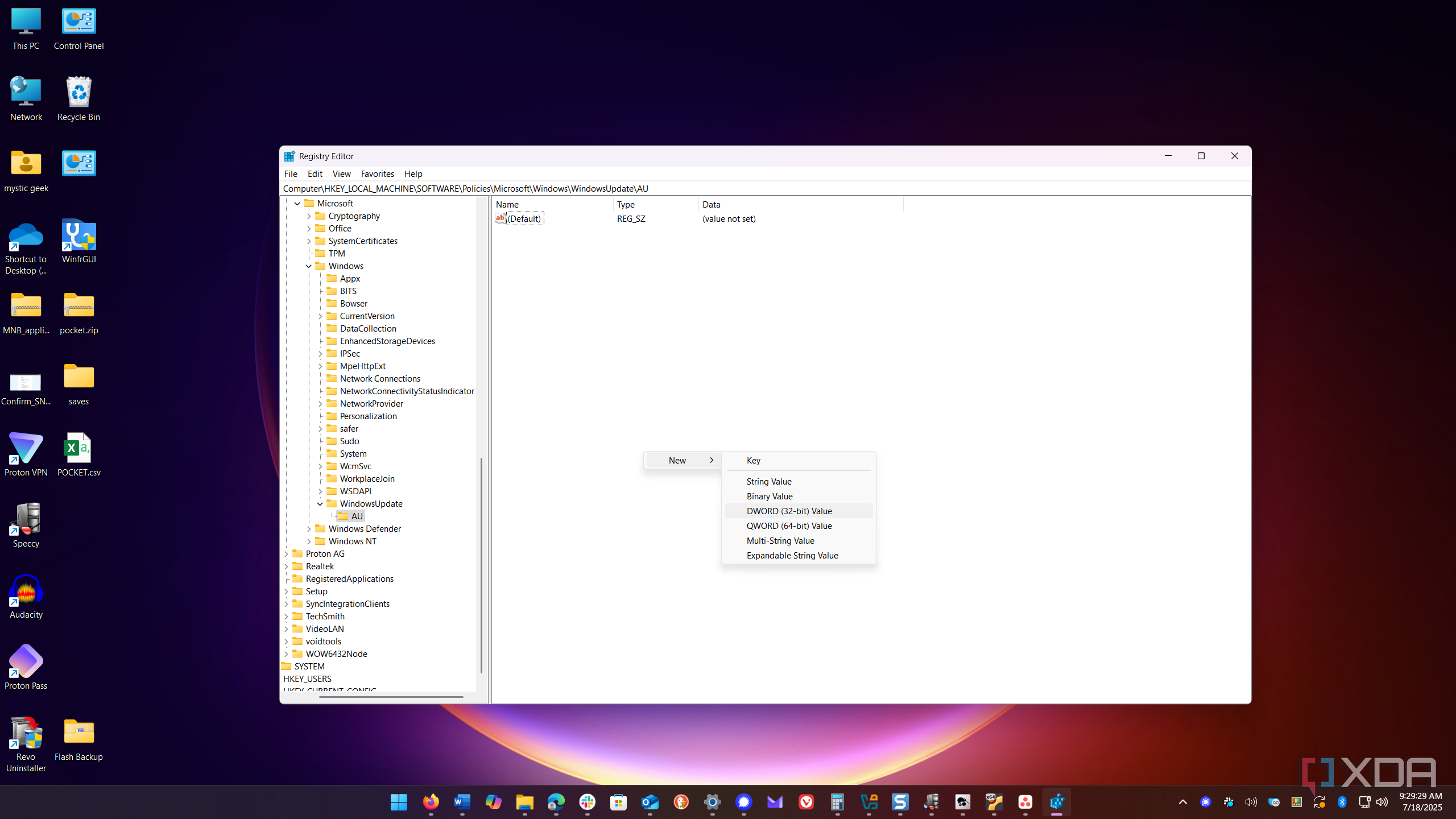 shows create new DWORD value in Windows Update folder in the Registry